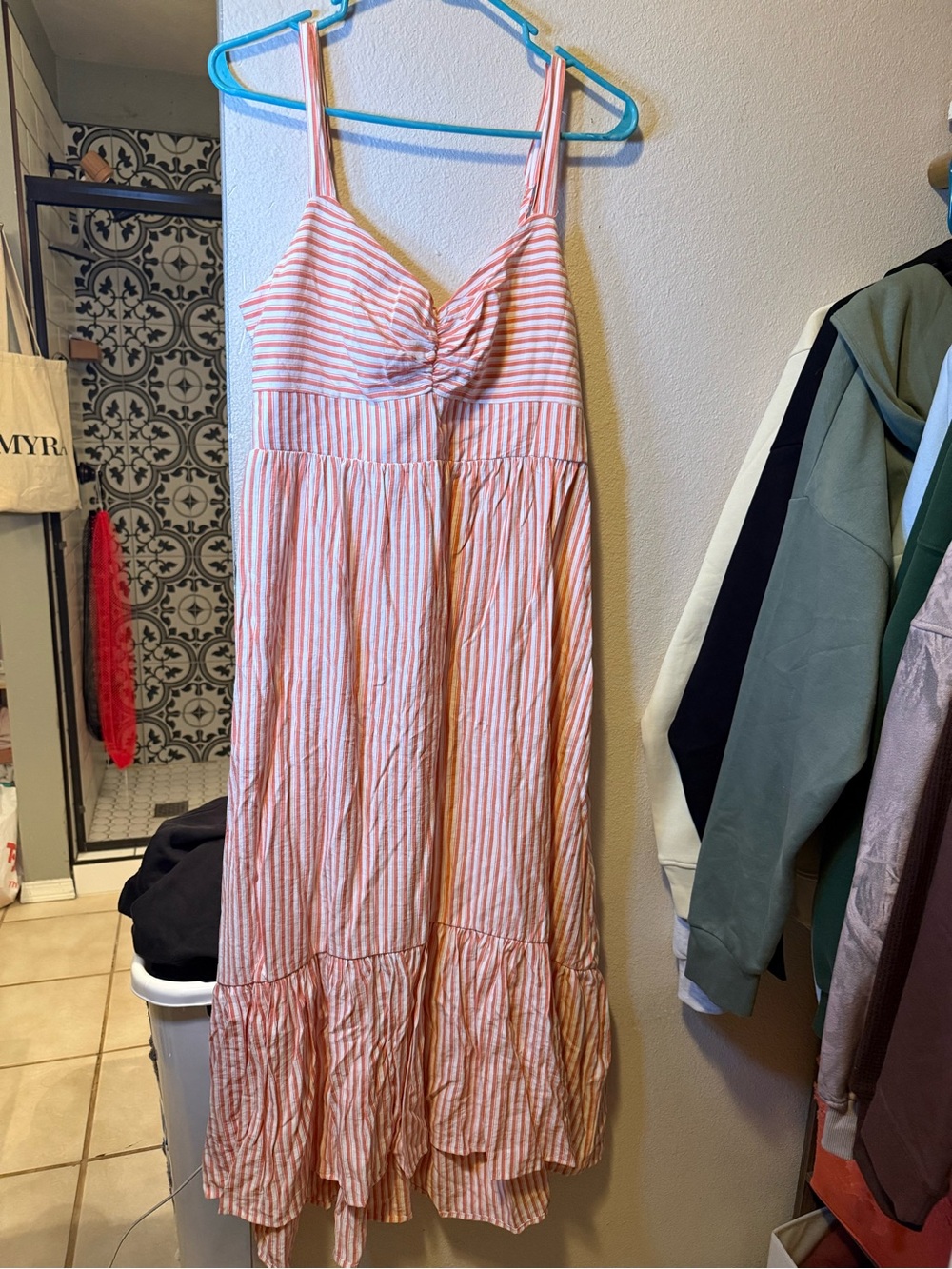 Skies Are Blue Coral and White Striped Maxi Dress